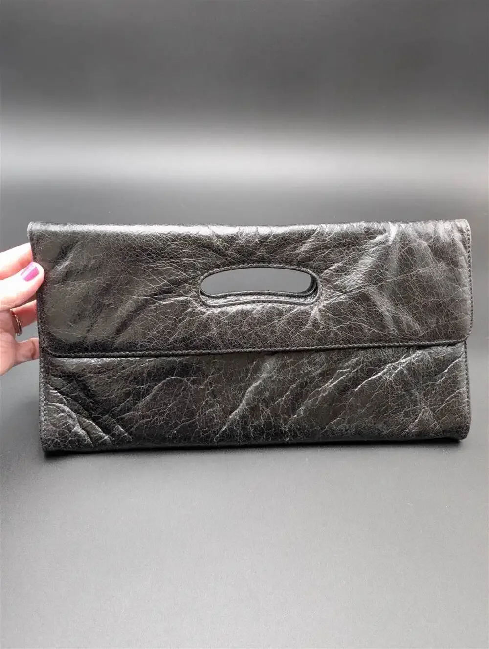 Hobo International Black Leather Envelope Clutch handbag Cutout Handle Card Slot
